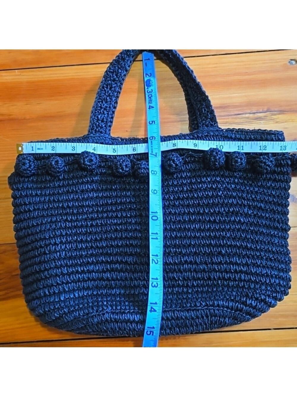 Buji Baja Woven Raffia Straw Handbag with Pom Pom Fringe and Gingham Lining - Picture 9 of 10